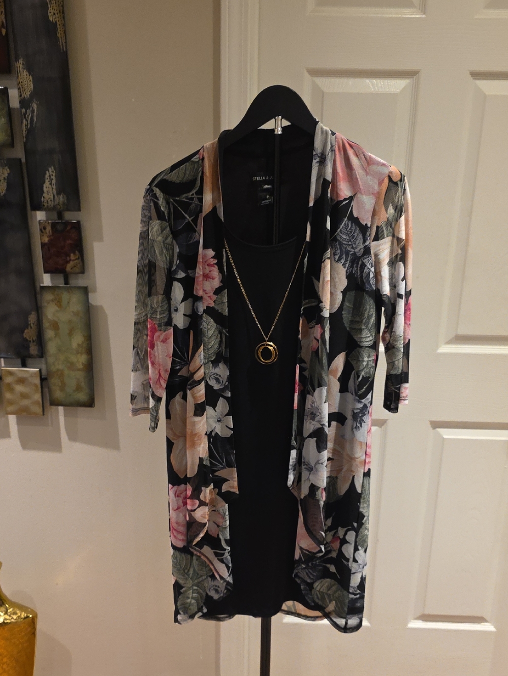 Floral Open-Front Black & Pink Layered Dress